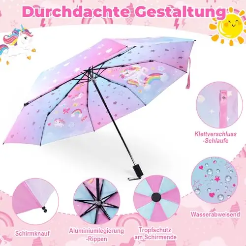 DPKOW Ombrello Unicorno, Ombrello per Bambini che Cambia Colore, Ombrello Pieghevole, Ombrellos per Bambini per Zaini miniatura 3