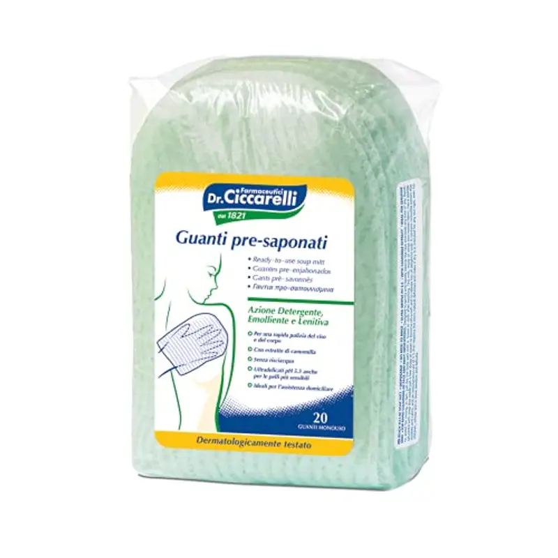 Dr Ciccarelli, Guanto Pre-saponato Monouso, Deterge Delicatamente e Rapidamente il Viso e il Corpo Senza l'Uso dell'Acqua, Dermatologicamente Testato, 100% Made in Italy, 20 Pezzi