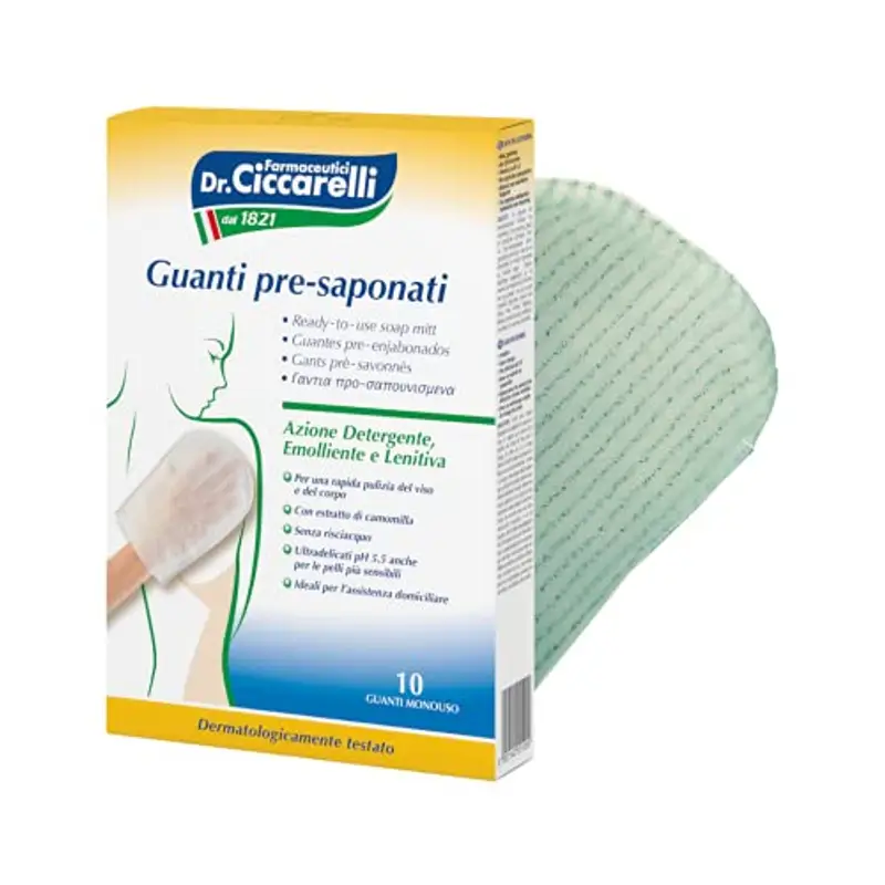 Dr Ciccarelli, Guanto Pre-saponato Monouso, Deterge Delicatamente e Rapidamente il Viso e il Corpo Senza l'Uso dell'Acqua, Dermatologicamente Testato, 100% Made in Italy, 20 Pezzi miniatura 2