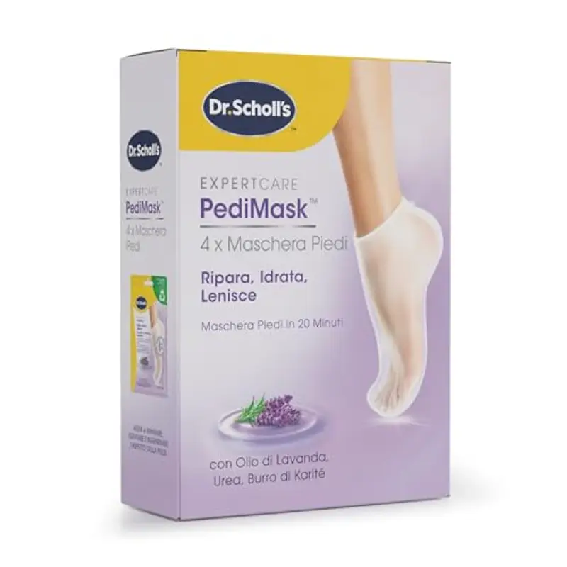 Dr. Scholl's Maschera Piedi con Olio di Lavanda per Talloni Screpolati, Piedi Più Morbidi e Lisci In 20 Minuti, Calzini Idratanti di Facile Utilizzo, Calzino e Confezione Riciclabili, 4 Paio