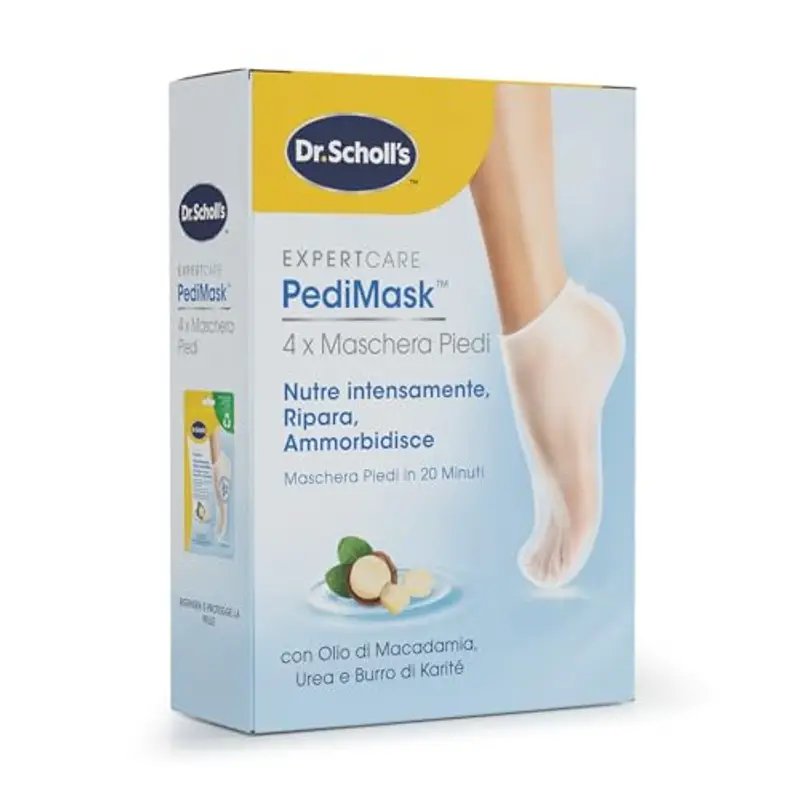 Dr. Scholl's Maschera Piedi con Olio di Macadamia per Talloni Screpolati, Piedi Più Morbidi e Lisci In 20 Minuti, Calzini Idratanti di Facile Utilizzo, Calzino e Confezione Riciclabili, 4 Paio