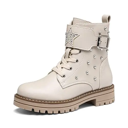 DREAM PAIRS Kids Ragazze Moda Stivali Bambine Caldo Inverno Stivaletti Stringati per Bambina,Size 34,Beige/Pu,SDBO2231K