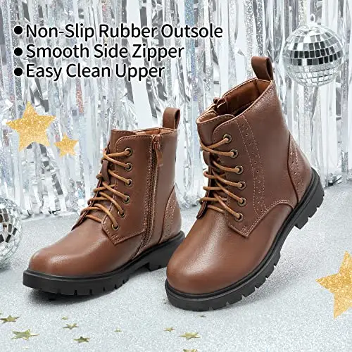 DREAM PAIRS Kids Stivaletti Stringati per Bambina Stivali da Combattimento da Equitazione per Ragazze a metà miniatura 2