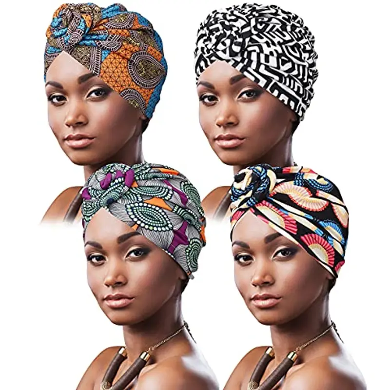 DRESHOW 4 Pezzi Donna Africana Turbante Sciarpa Avvolge Testa Boho Turbante Elastico Annodato Berretto Pre-annodato