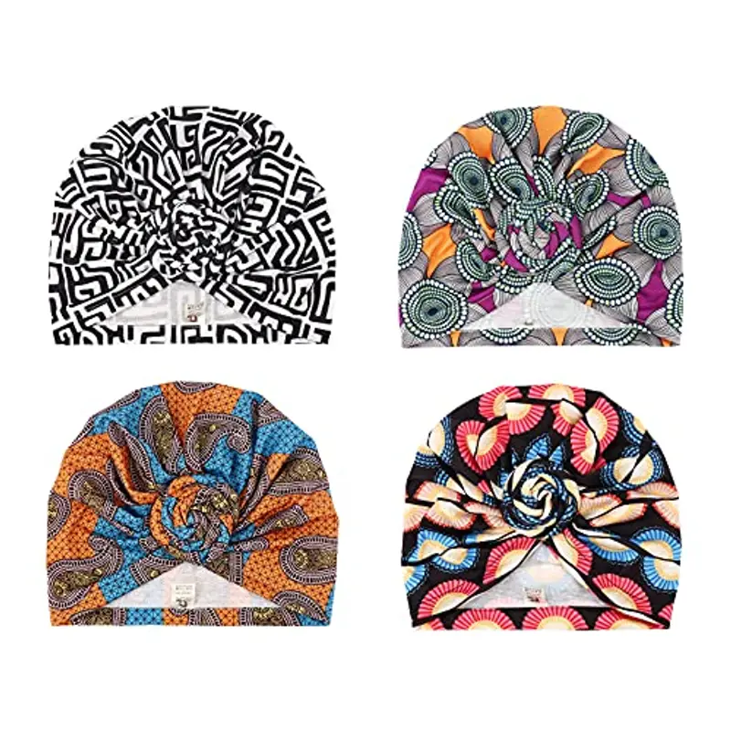 DRESHOW 4 Pezzi Donna Africana Turbante Sciarpa Avvolge Testa Boho Turbante Elastico Annodato Berretto Pre-annodato miniatura 2