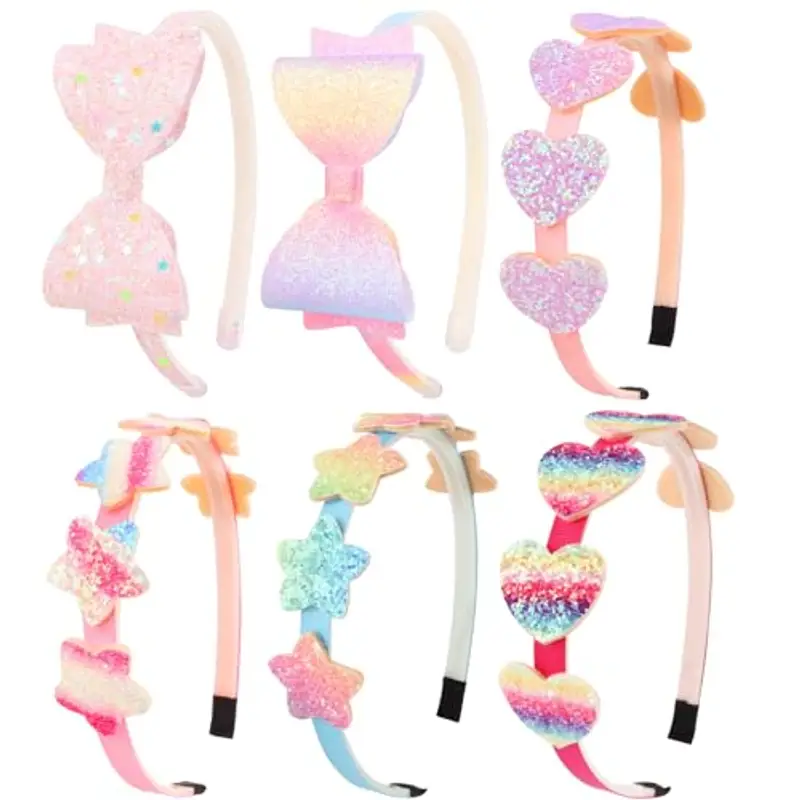 DRESHOW 6 Pezzi Ragazze Fasce Arco Glitter Bambini Fascia Cuore Stella Capelli per Toddlers Adolescenti