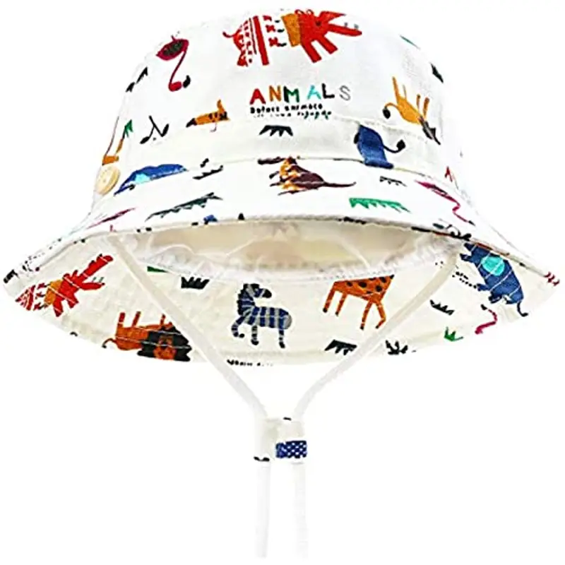 DRESHOW - Cappello parasole per bambini, con protezione solare UPF 50+, unisex, con animali, cappello da pescatore per l’estate con sottogola Animali avorio. 1-2 Anni