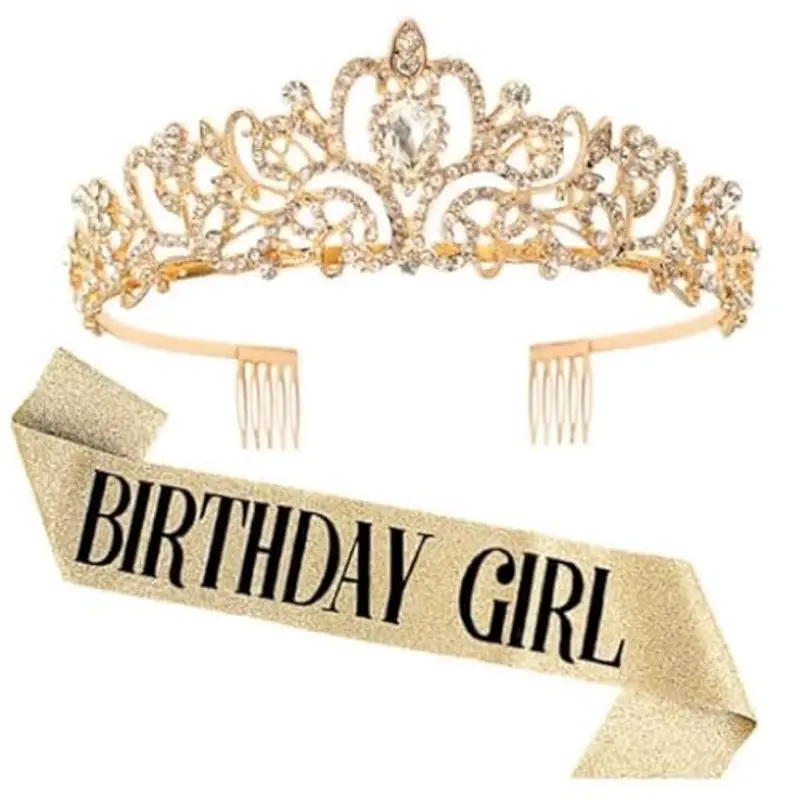 DRESHOW Corona di Compleanno e Fusciacca per le Donna Fascia di Compleanno Della Ragazza e Tiara di Strass Set di Decorazioni di Compleanno Accessori per Capelli Fusciacca di Glitter per la Festa