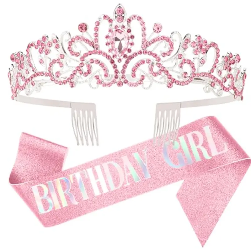 DRESHOW Corona di Compleanno e Fusciacca per le Donna Fascia di Compleanno Della Ragazza e Tiara di Strass Set di Decorazioni di Compleanno Accessori per Capelli Fusciacca di Glitter per la Festa