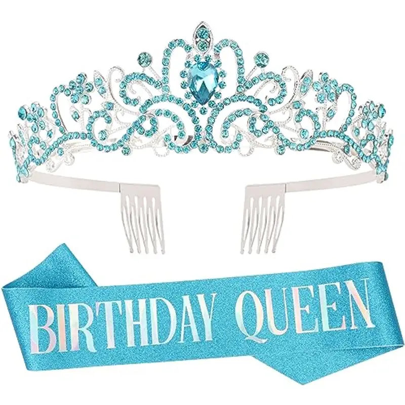 DRESHOW Corona e Fusciacca di Compleanno per Donna Fascia da Regina del Compleanno e Diadema di Strass Set di Diademi e Fusciacche per Ragazze Decorazioni per Capelli Accessori Scintillanti per Festa