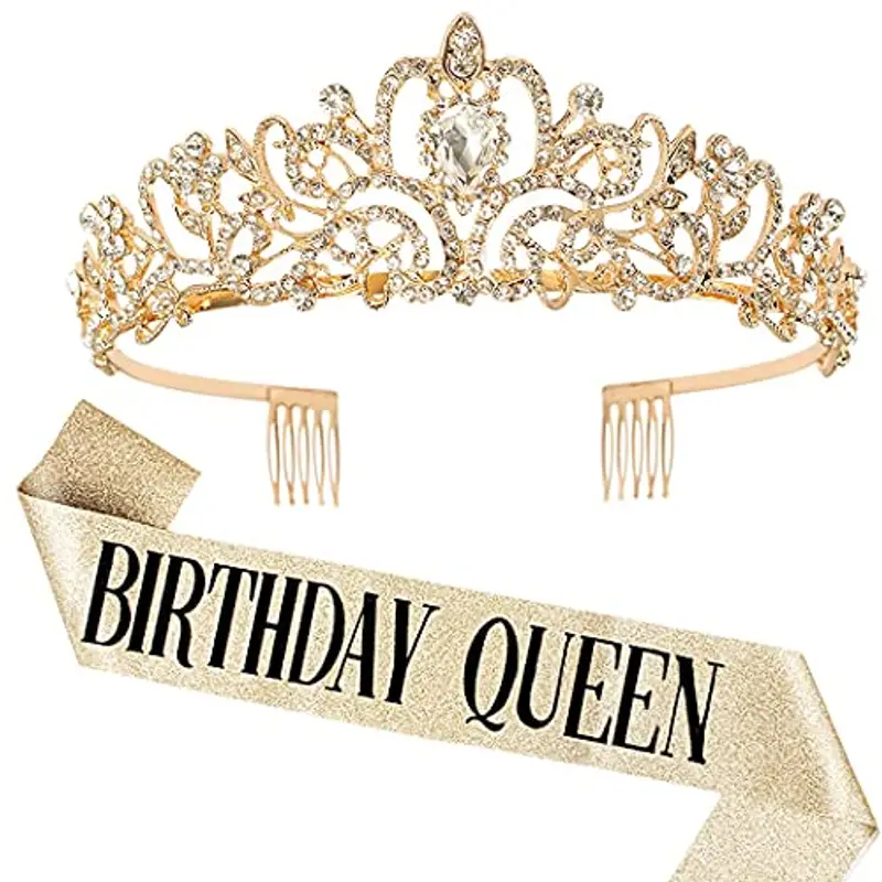 DRESHOW Corona e Fusciacca di Compleanno per Donna Fascia da Regina del Compleanno e Diadema di Strass Set di Diademi e Fusciacche per Ragazze Decorazioni per Capelli Accessori Scintillanti per Festa