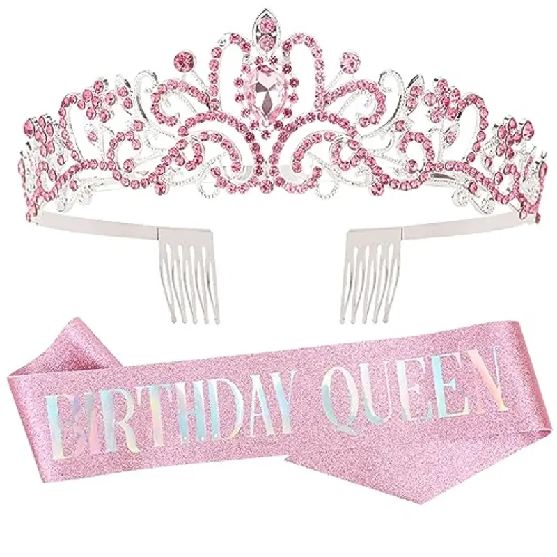 DRESHOW Corona e Fusciacca di Compleanno per Donna Fascia da Regina del Compleanno e Diadema di Strass Set di Diademi e Fusciacche per Ragazze Decorazioni per Capelli Accessori Scintillanti per Festa