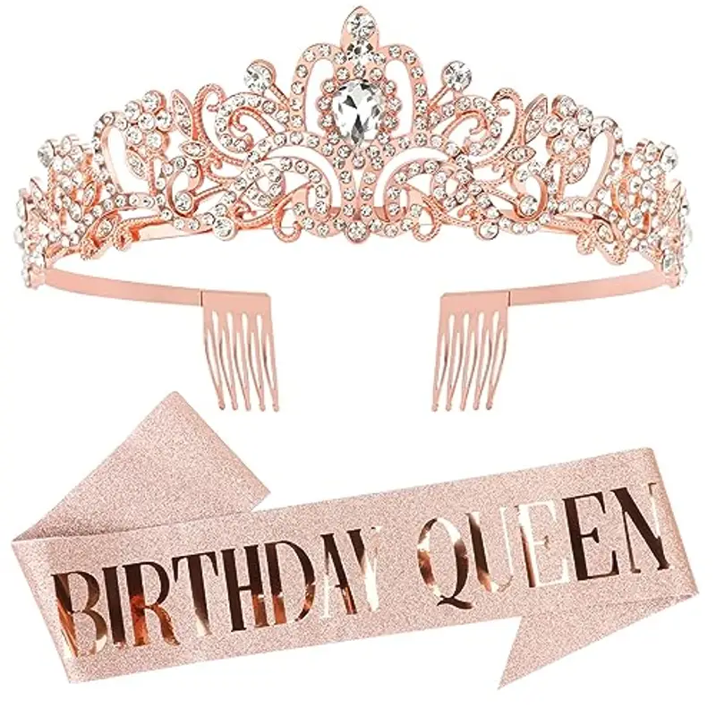 DRESHOW Corona e Fusciacca di Compleanno per Donna Fascia da Regina del Compleanno e Diadema di Strass Set di Diademi e Fusciacche per Ragazze Decorazioni per Capelli Accessori Scintillanti per Festa