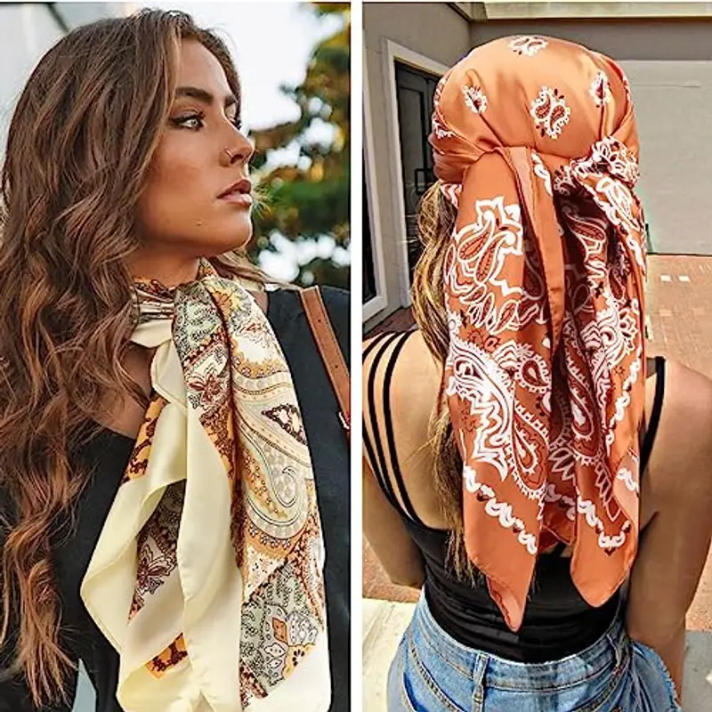 DRESHOW Donna Foulard Quadrato Grande in Raso Sciarpe per Capelli Accessori in Seta Bandane da Spiaggia con Motivi Classici miniatura 2