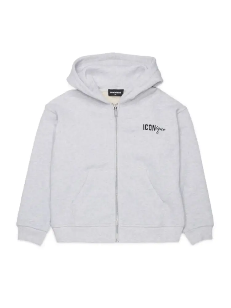 felpa kids/junior con zip e cappuccio in cotone grigio con stampa cappelli sul retro