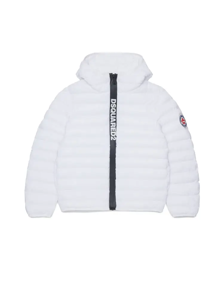giubbotto junior in nylon con cappuccio bianco con logo frontale