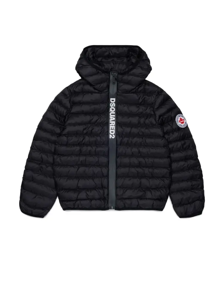 giubbotto junior in nylon con cappuccio nero con logo frontale