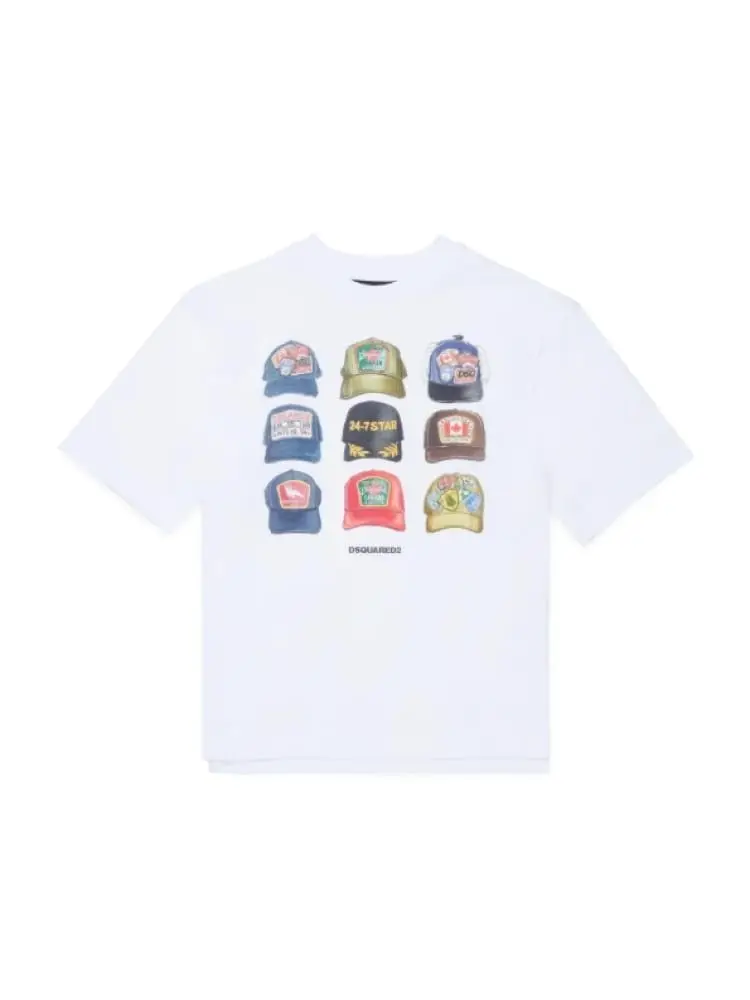 t-shirt kids/junior in cotone bianco con stampa cappelli loose fit