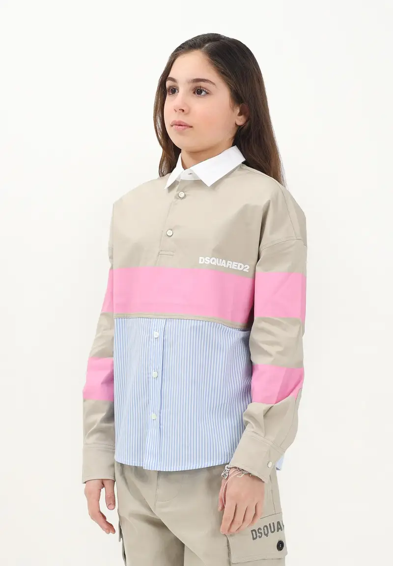 DSQUARED2 Camicia a manica lunga beige per donna e bambina con stampa logo e inserti a contrasto miniatura 3