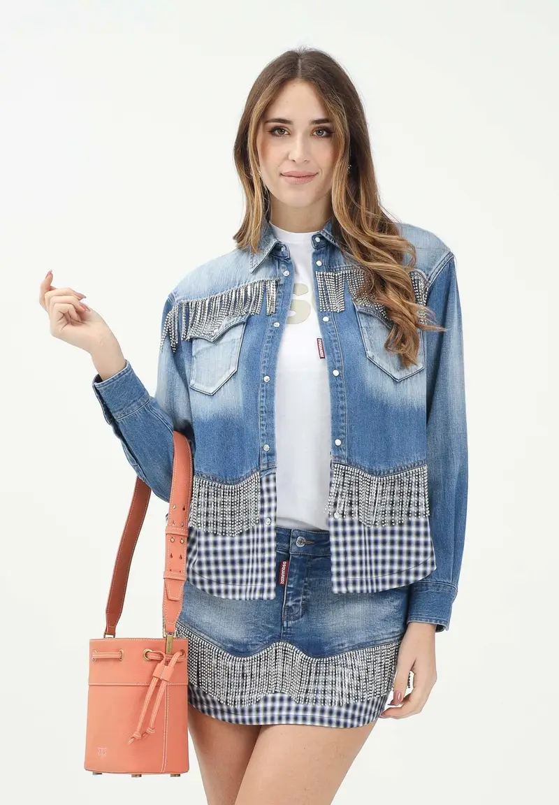 Camicia a manica lunga in denim blu per donna e bambina con inserti in tessuto e strass miniatura 2