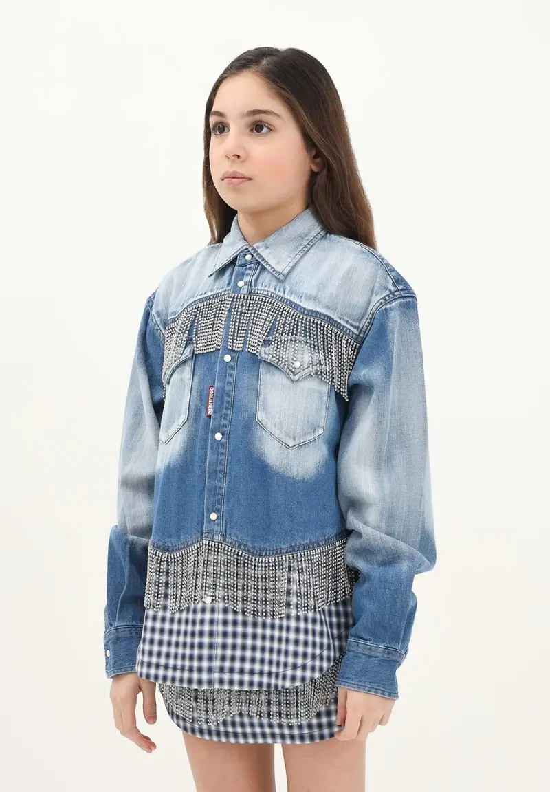 Camicia a manica lunga in denim blu per donna e bambina con inserti in tessuto e strass miniatura 3