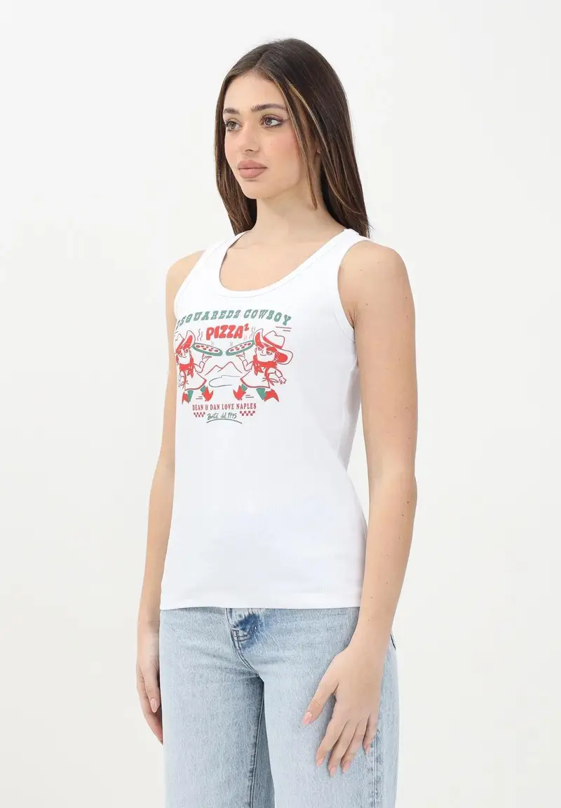 DSQUARED2 Canotta bianca per donna, ragazzi e bambini con grafica Cowboy Pizza