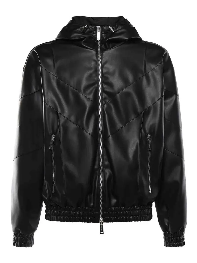 Felpa con cappuccio in ecopelle Nero