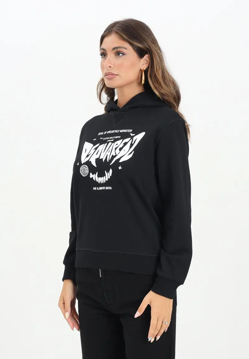 Felpa con cappuccio nera per donna, ragazzi e bambini con stampa Dsquared2 horror