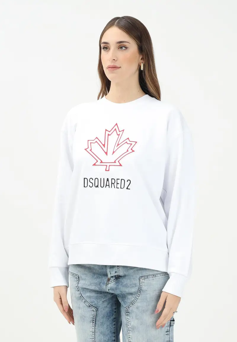 DSQUARED2 Felpa girocollo bianca per donna, ragazzi e bambini con foglia d'acero e logo