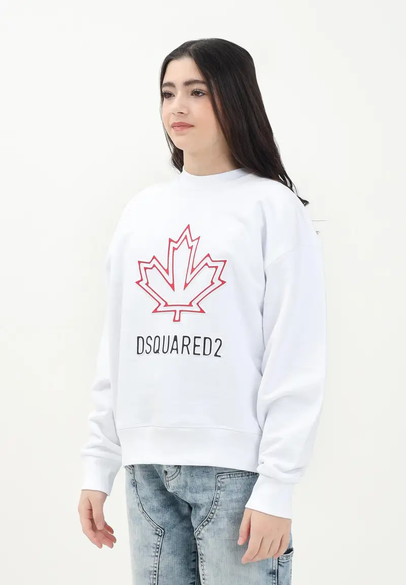 DSQUARED2 Felpa girocollo bianca per donna, ragazzi e bambini con foglia d'acero e logo miniatura 3