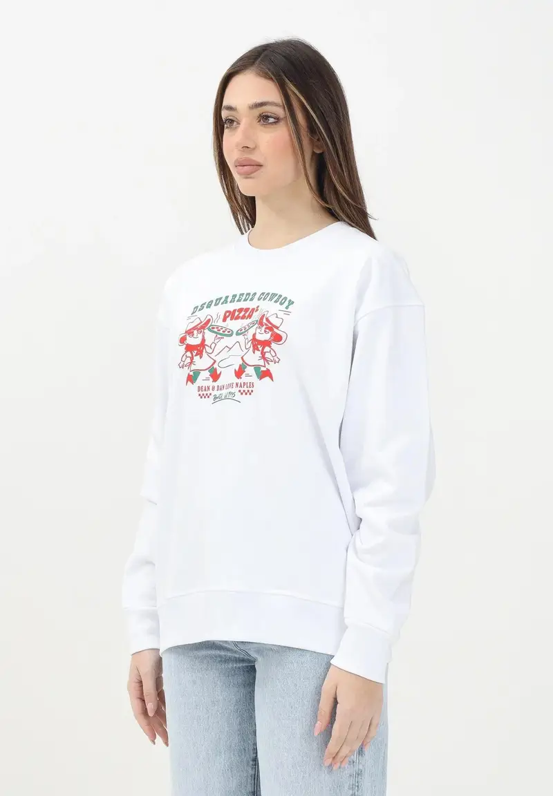 DSQUARED2 Felpa girocollo bianca per donna, ragazzi e bambini con grafica Cowboy Pizza