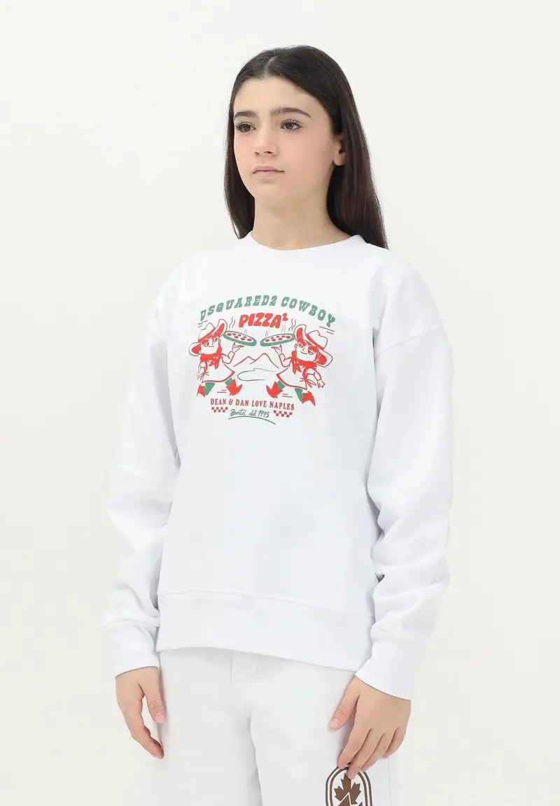 DSQUARED2 Felpa girocollo bianca per donna, ragazzi e bambini con grafica Cowboy Pizza miniatura 3