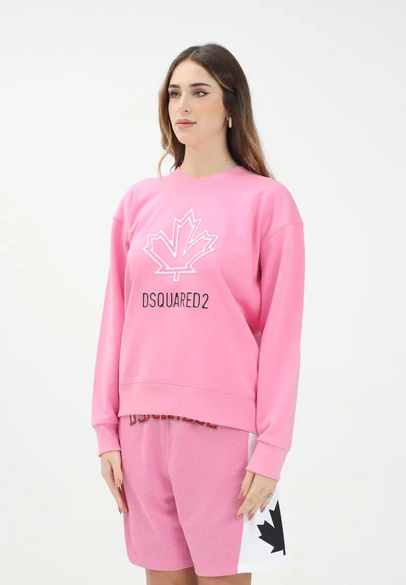 DSQUARED2 Felpa girocollo rosa per donna e bambina con foglia d'acero e logo