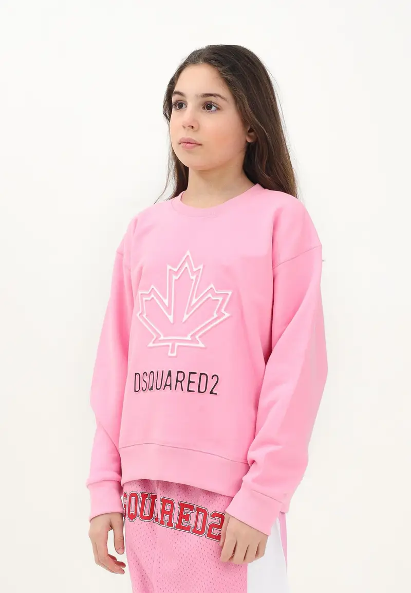 DSQUARED2 Felpa girocollo rosa per donna e bambina con foglia d'acero e logo miniatura 3