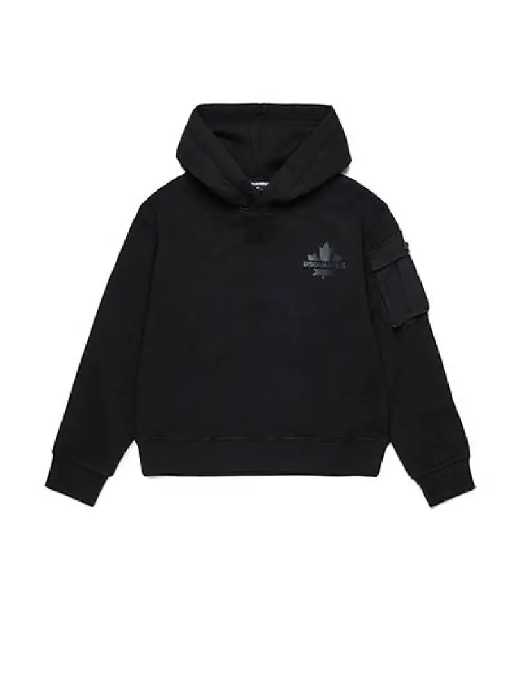 felpa nera bambino in cotone con cappuccio logo sul petto