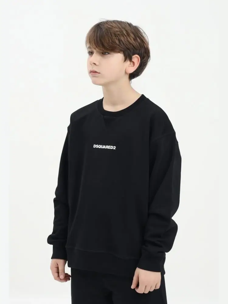 felpa nera bambino in cotone girocollo logo sul petto