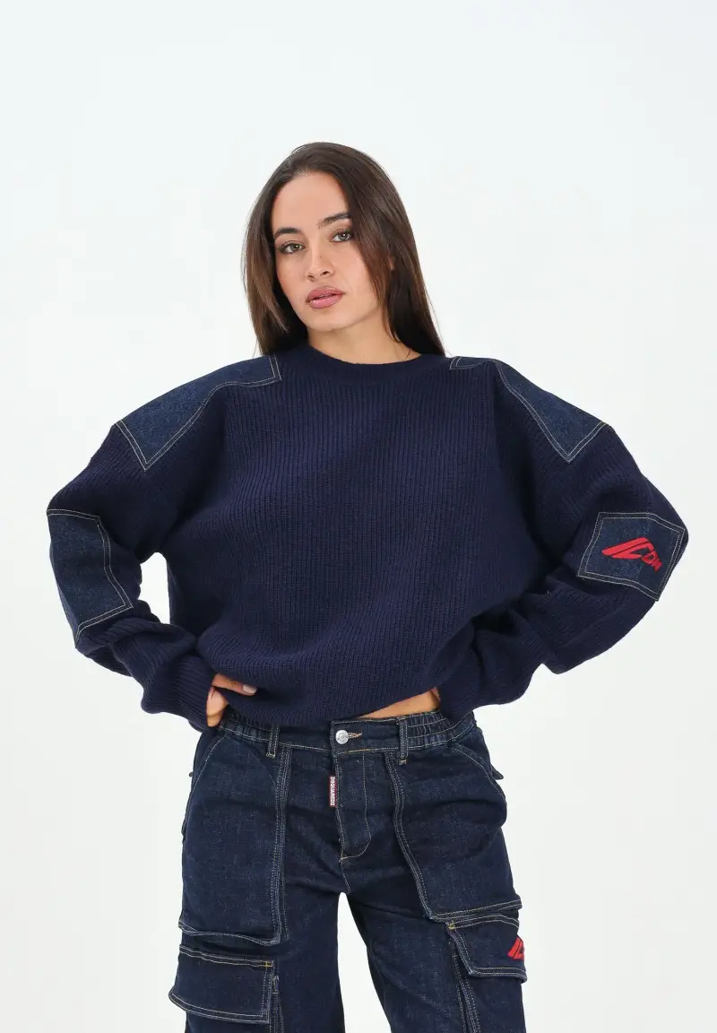 Maglioncino girocollo blu per donna, ragazzi e bambini con inserti in denim miniatura 2