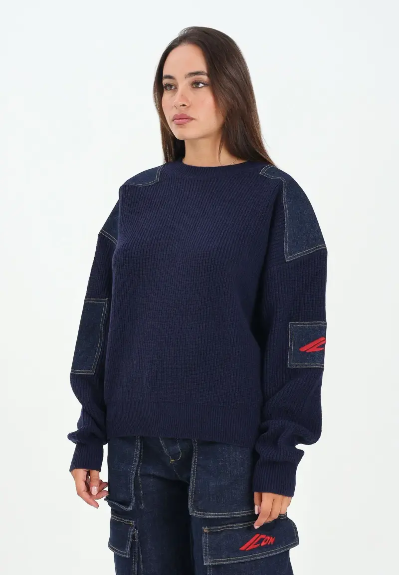 Maglioncino girocollo blu per donna, ragazzi e bambini con inserti in denim