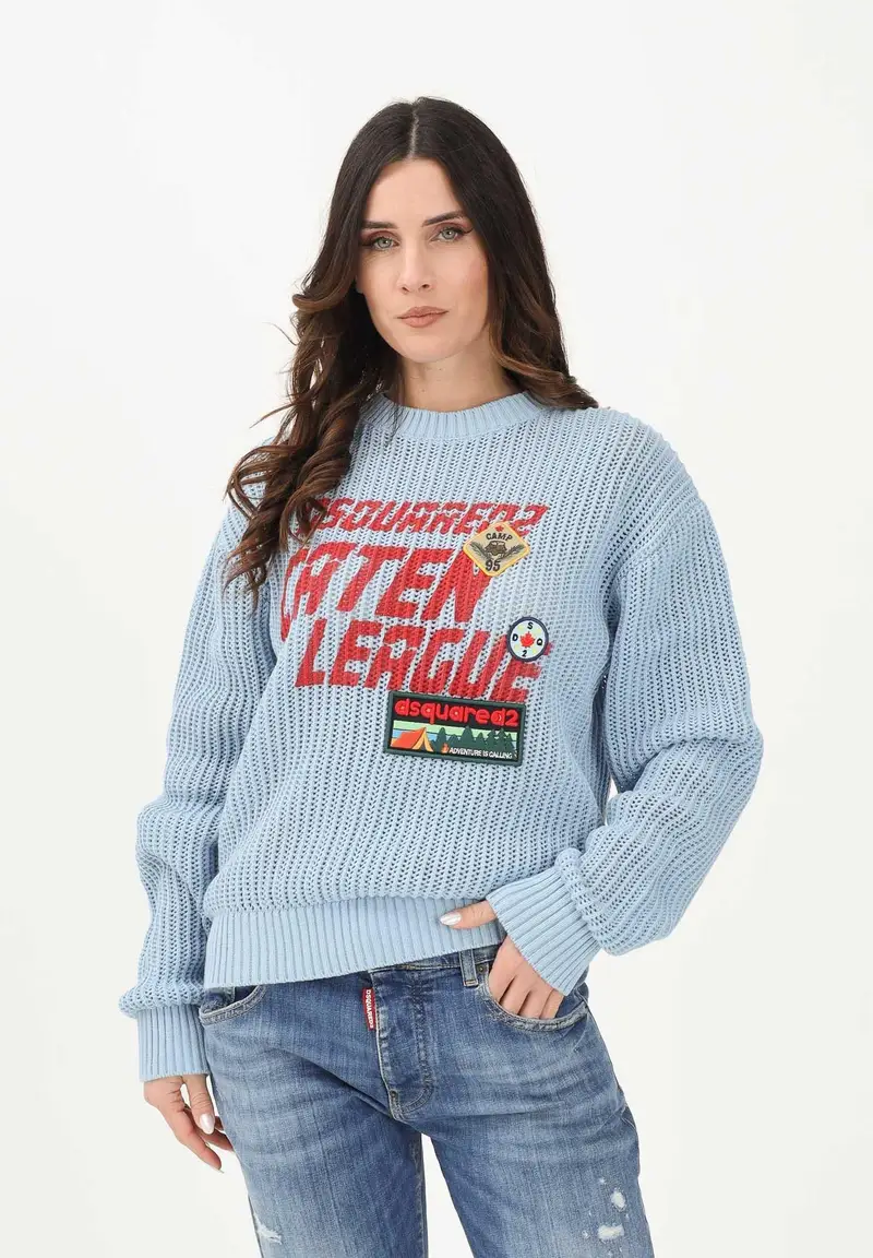 Maglioncino girocollo celeste per donna, bambino e bambina con maxi logo e patch miniatura 2