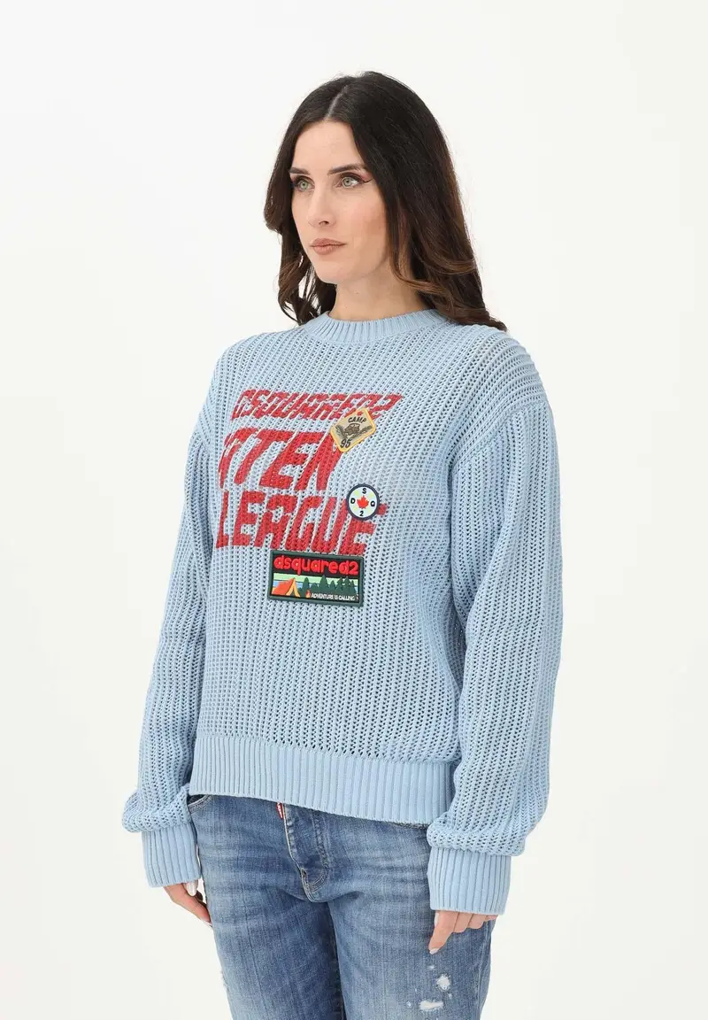 Maglioncino girocollo celeste per donna, bambino e bambina con maxi logo e patch