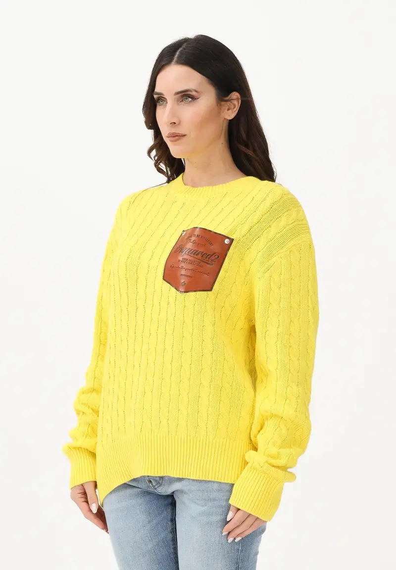 Maglioncino girocollo giallo per donna, bambino e bambina con patch logo