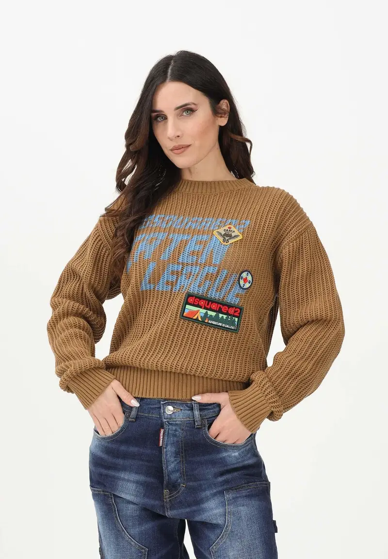 Maglioncino girocollo marrone per donna, bambino e bambina con maxi logo e patch miniatura 2