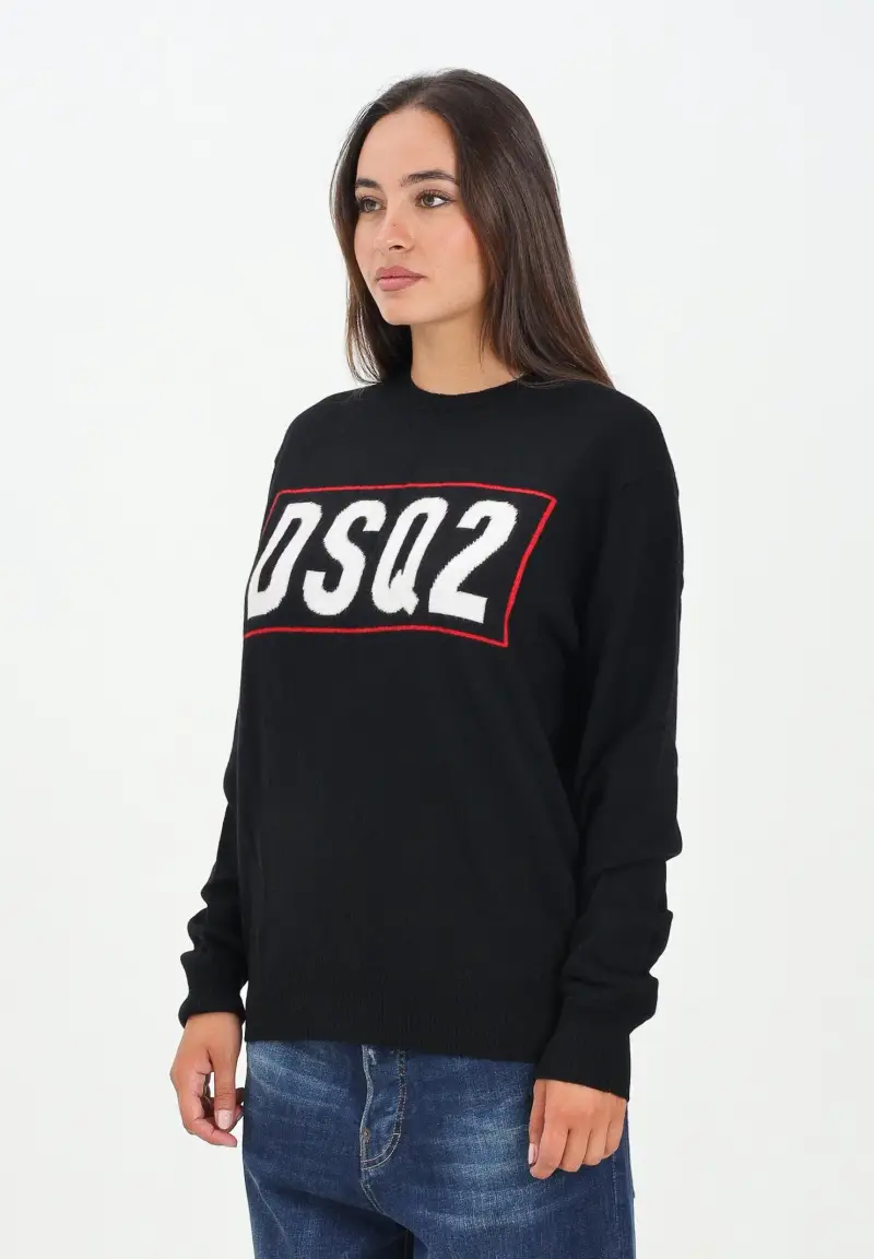 Maglioncino girocollo nero per donna, ragazzi e bambini con logo DSQ2