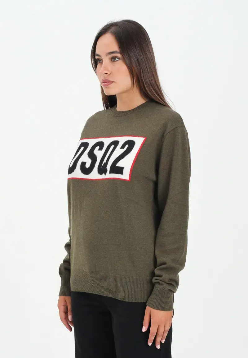 Maglioncino girocollo verde oliva per donna, ragazzi e bambini con logo DSQ2