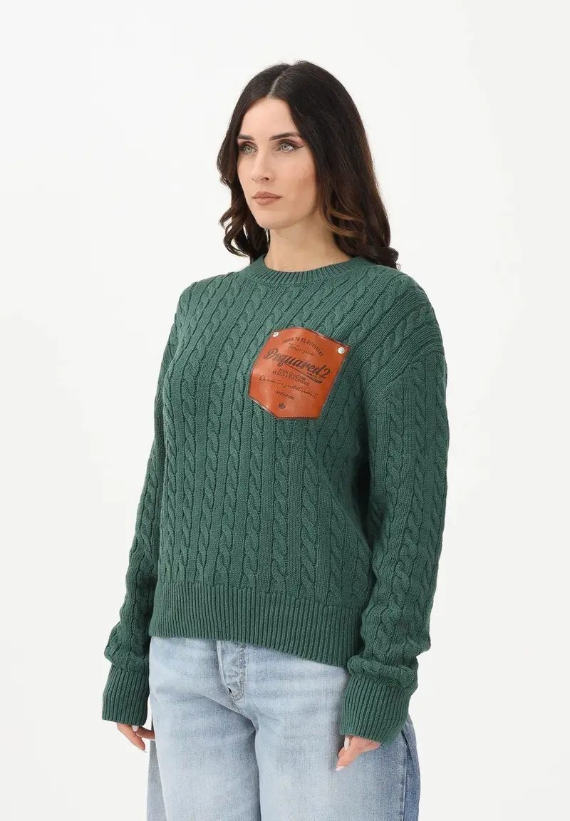 Maglioncino girocollo verde per donna, bambino e bambina con patch