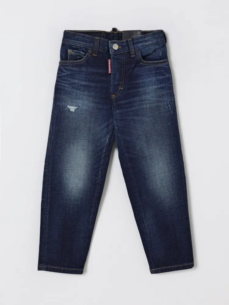 pantalone in denim scuro bambino patch logo sul retro