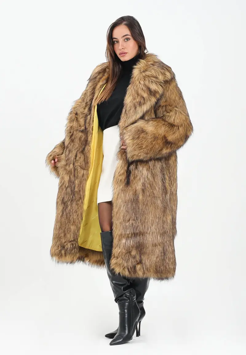 Pelliccia lunga in eco-pelliccia beige per donna e ragazze miniatura 2