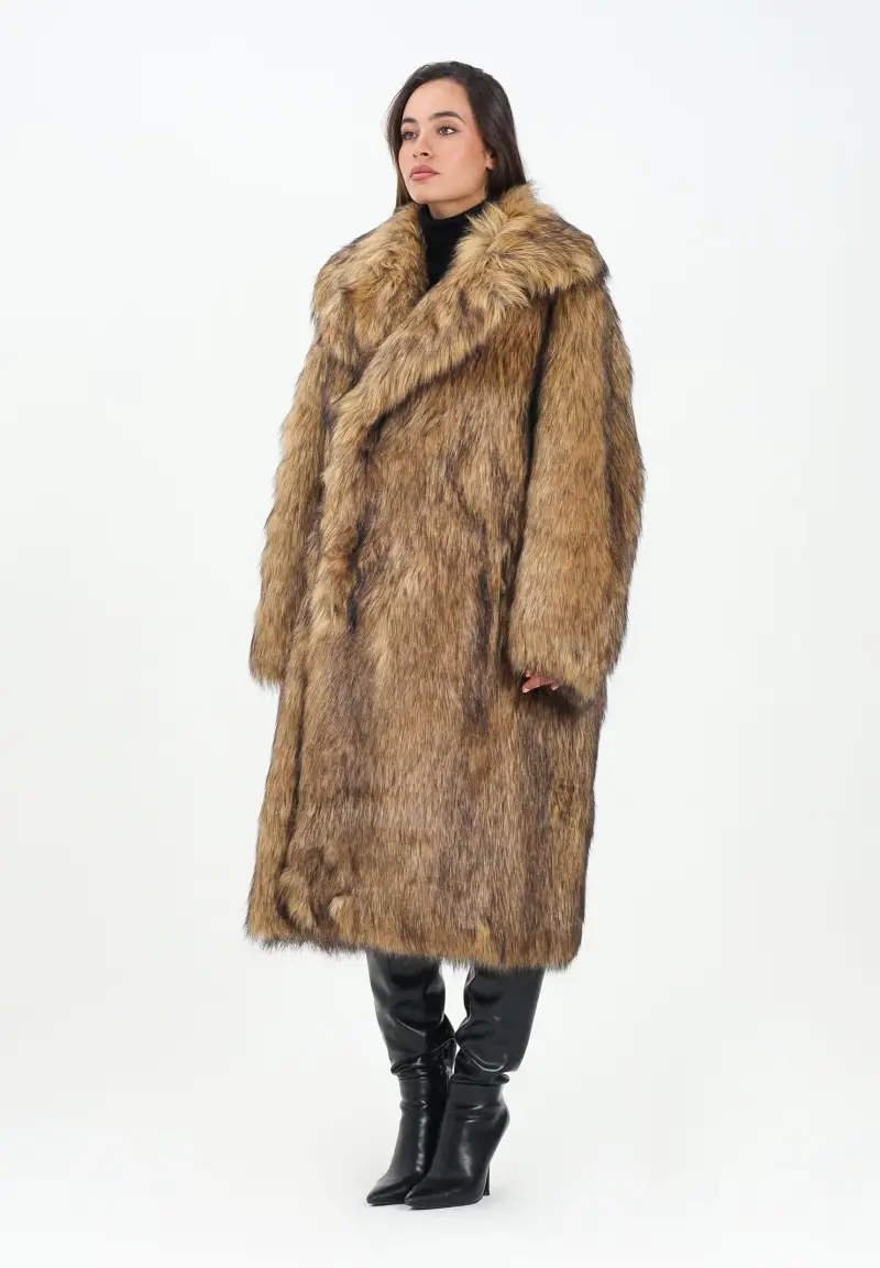 Pelliccia lunga in eco-pelliccia beige per donna e ragazze