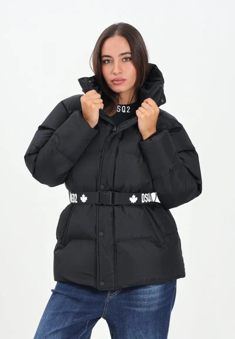 Piumino nero per donna e bambina con cintura logata miniatura 2