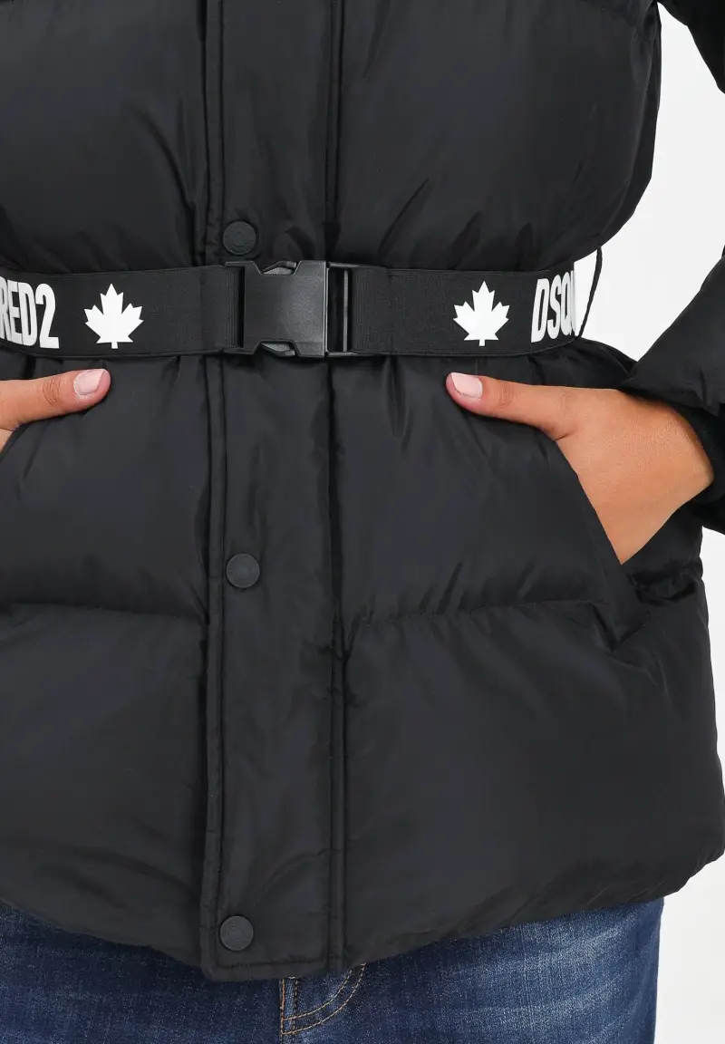 Piumino nero per donna e bambina con cintura logata miniatura 3